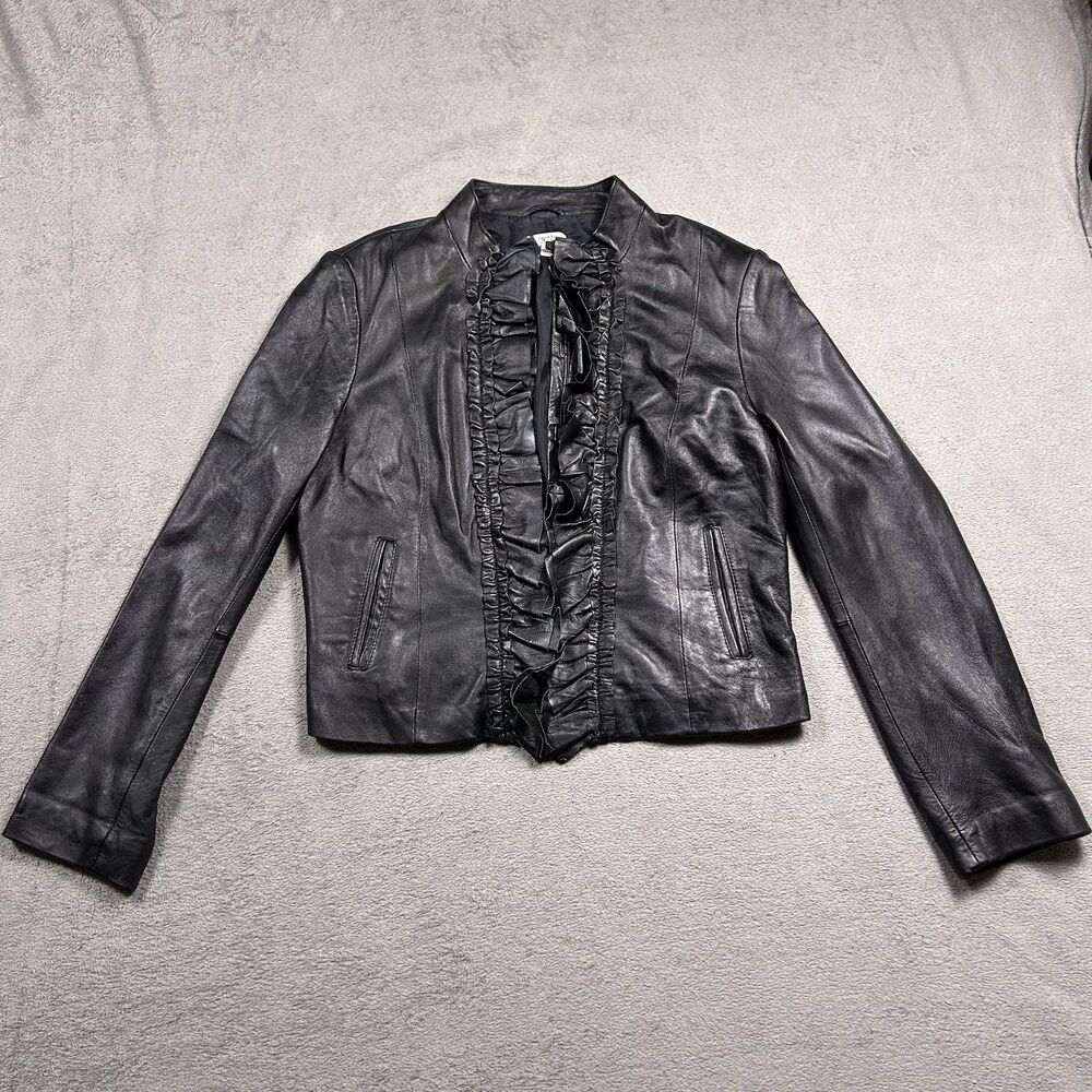 Caché Ruffle Leather Jacket Women's L Black Y2K Dark Romance Moto Biker Goth